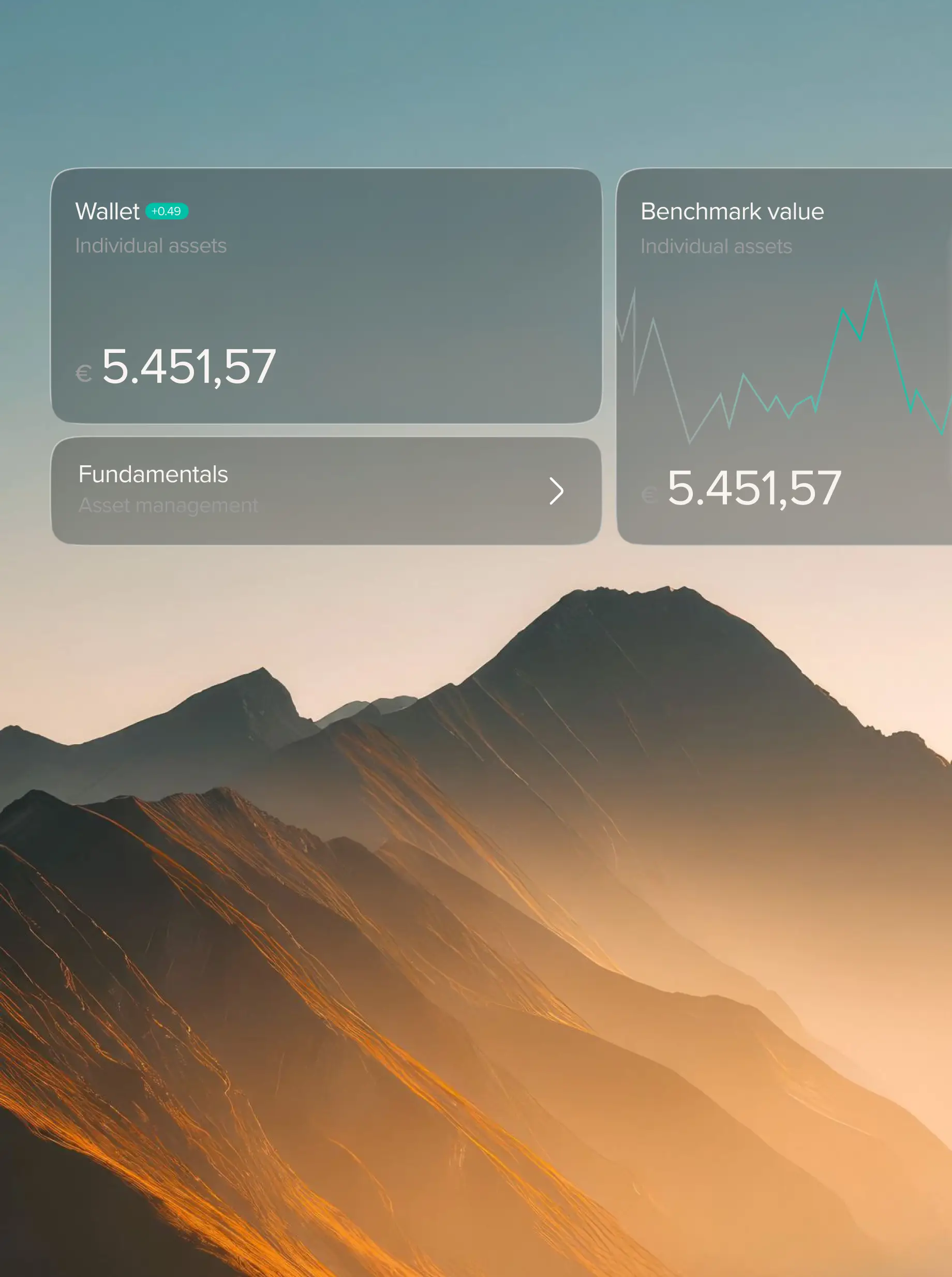 Sunlit mountain range with a digital financial dashboard overlay showing wallet and benchmark values in euros.