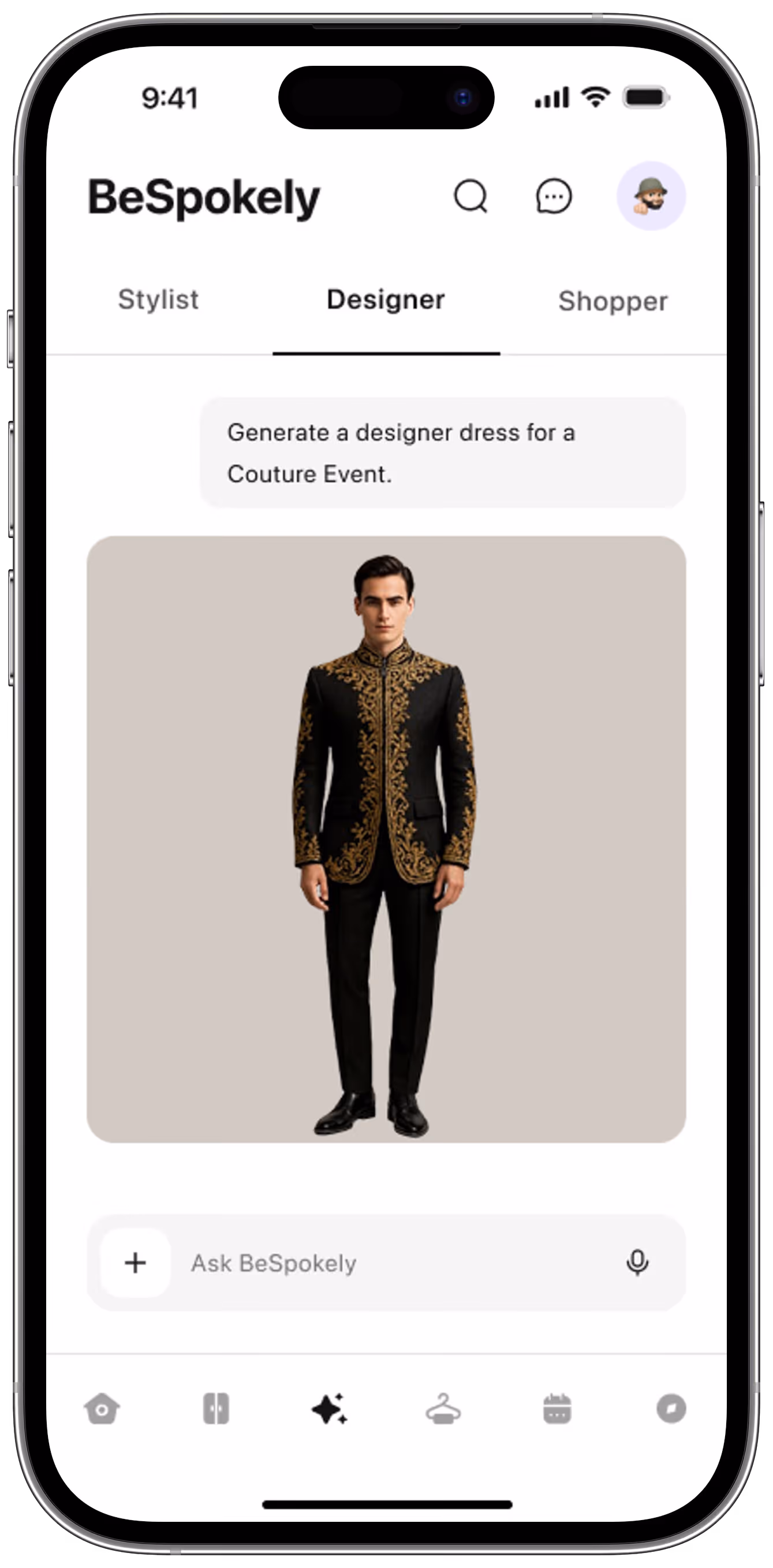 Mobile app screen showing a male model in a black suit with intricate gold embroidery, under the Designer tab of BeSpokely app.
