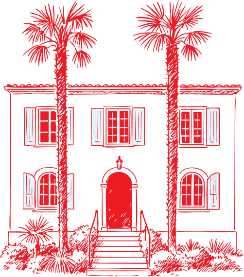 Illustration of a two-story French house with two palm trees in front.