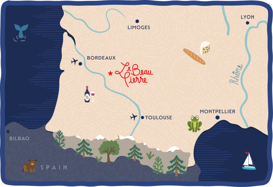 Map showing location of house in the southwest of France, one hour from Bordeaux