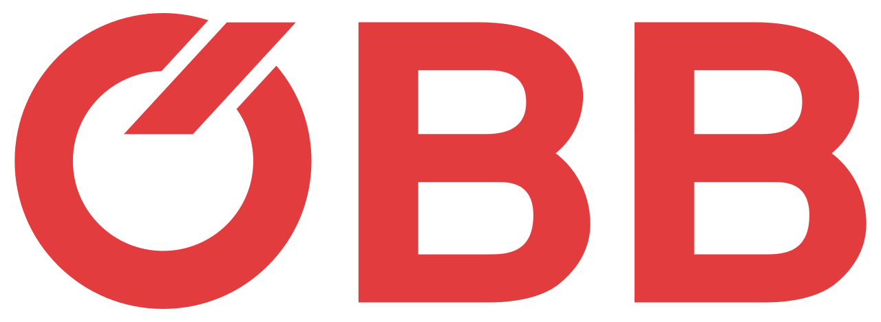 Rot-weißes ÖBB-Logo der Österreichischen Bundesbahnen mit stilisiertem Kreis und zwei Buchstaben B.