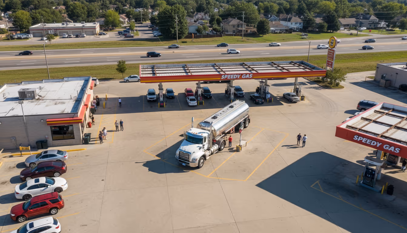 Aerial view of a Speedy Gas station with several cars parked, a large silver tanker truck fueling, and people walking in the area.