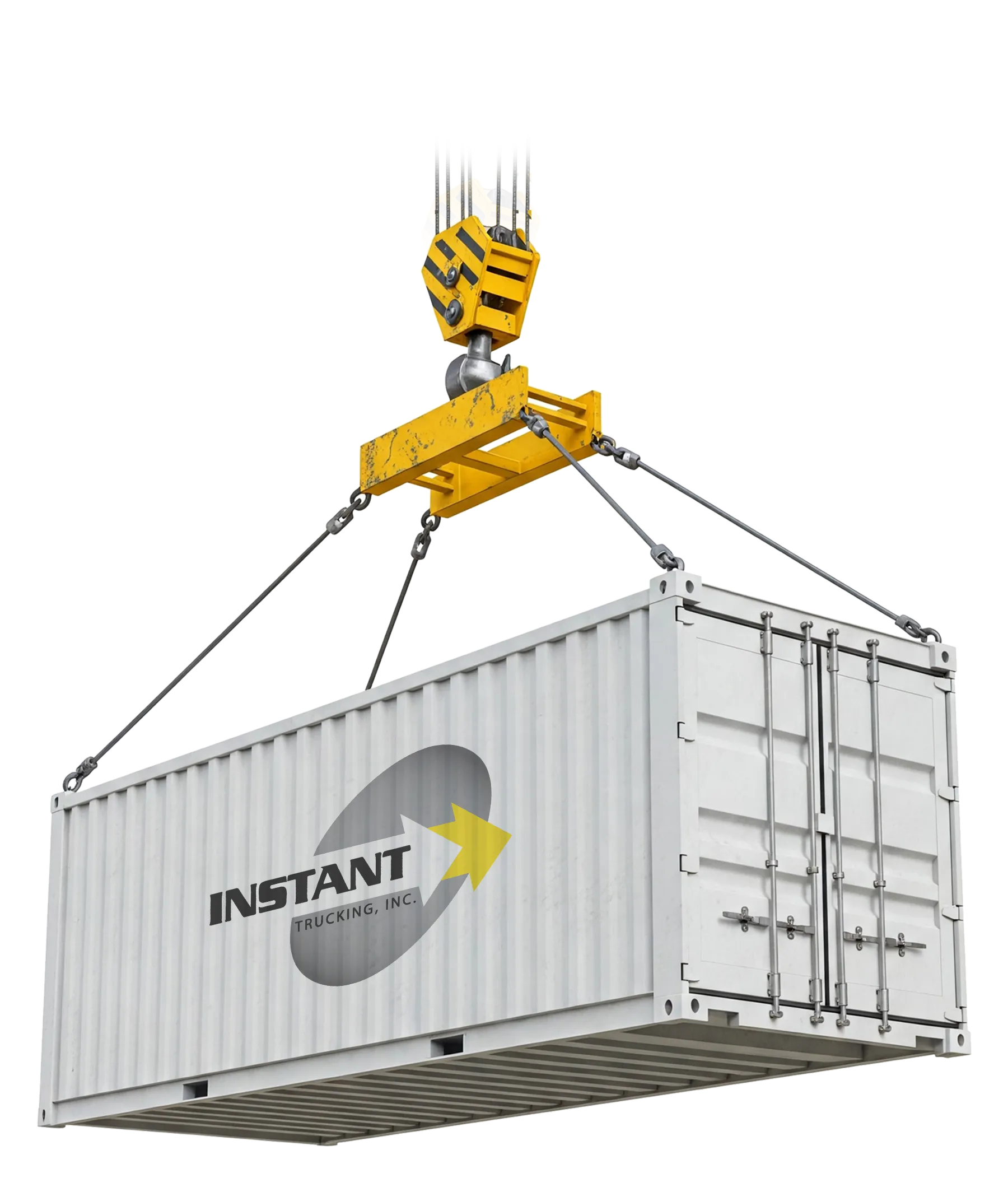 Intermodal shipping container with the Instant Trucking logo being lifted by a crane at a port terminal.