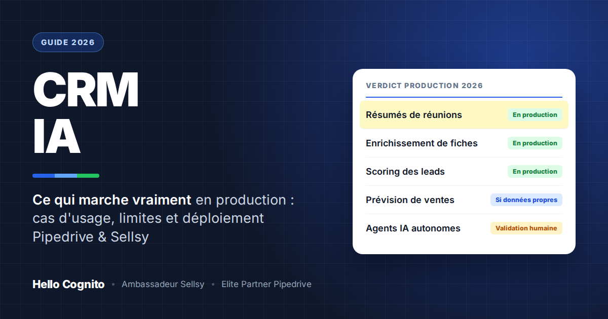Guide CRM IA 2026 : verdict production des cas d'usage, résumés de réunions, enrichissement, scoring, prévision de ventes et agents IA