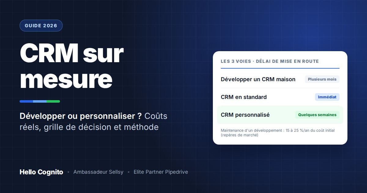 CRM sur mesure : délai de mise en route d'un CRM maison, d'un CRM en standard et d'un CRM personnalisé, guide Hello Cognito 2026