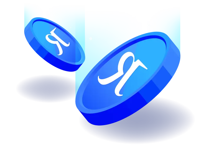 Two blue coins with a stylized white 'R' symbol floating above dark shadows on a light blue background.