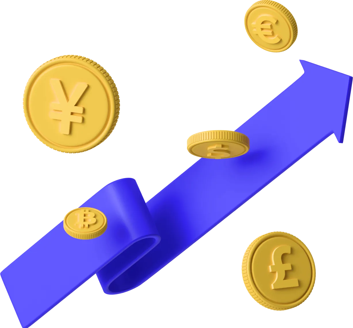 Blue upward arrow ribbon surrounded by gold coins with currency symbols yen, euro, dollar, bitcoin, and pound.
