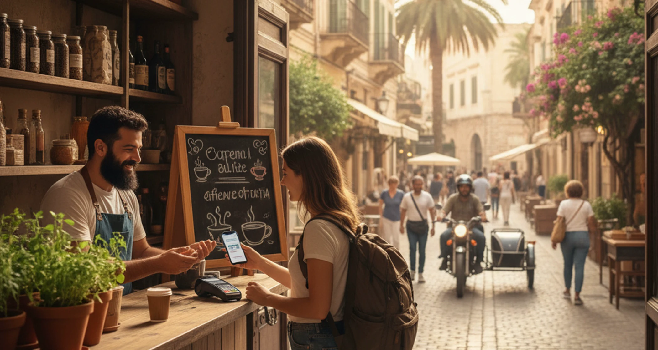 A woman with a backpack pays using a smartphone app at an outdoor cafe counter with a smiling barista and a chalkboard menu nearby.