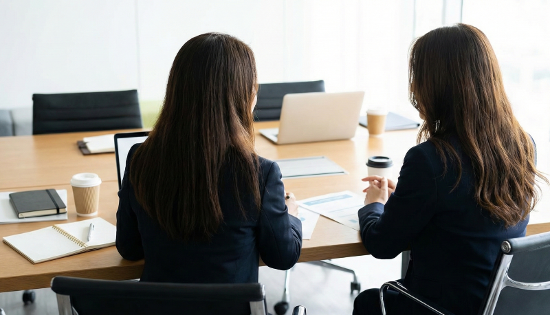 Deux femmes professionnelles en blazers sombres sont assises à une table avec des ordinateurs portables, des carnets et des tasses de café lors d'une réunion.