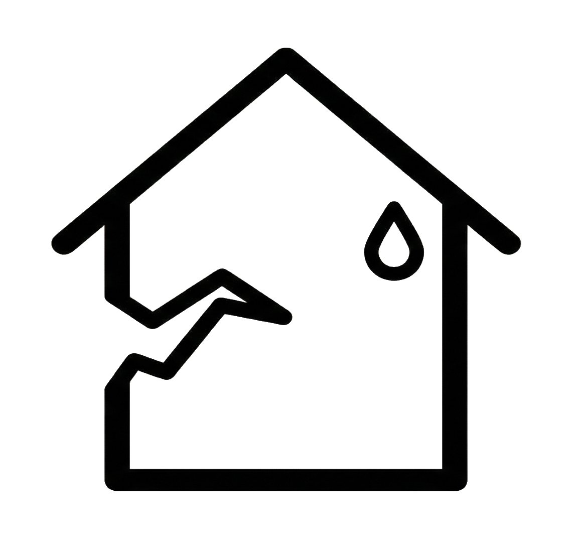Silhouette d'une maison avec une fissure sur le côté gauche et une goutte d'eau à l'intérieur.