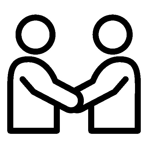 Silhouette noire de deux personnes reliées par une poignée de main, avec un réseau circulaire pointillé en arrière-plan, symbolisant la coopération ou le partenariat.