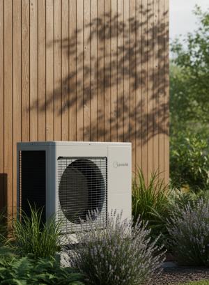 Unité extérieure d'une pompe à chaleur devant une façade en bardage bois.
