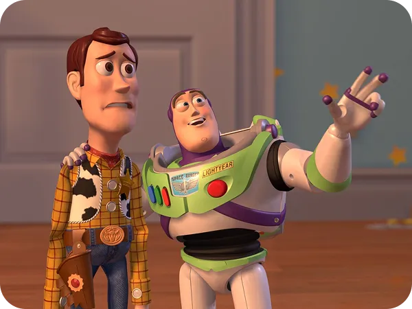 Woody and Buzz Lightyear characters from Toy Story, with Buzz pointing ahead and Woody looking concerned.