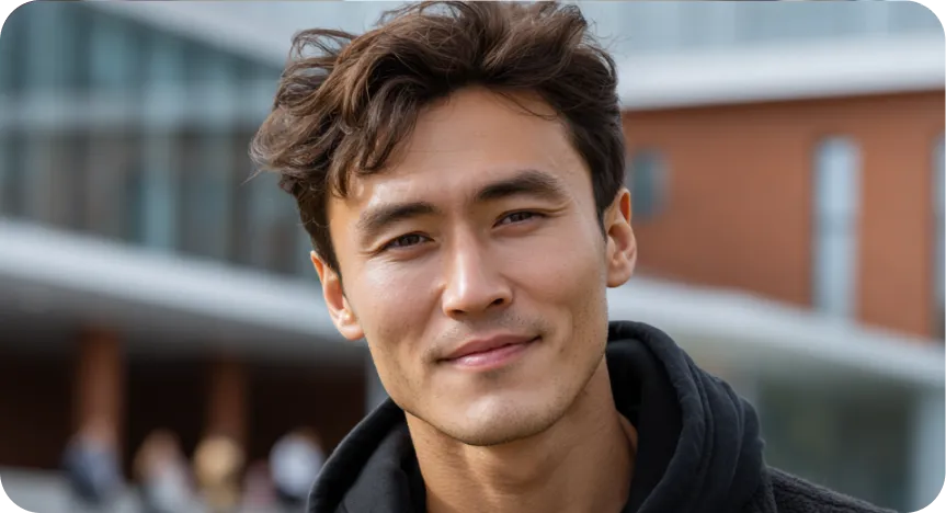 Young man with tousled hair wearing a black hoodie, smiling slightly outdoors with a modern building in the background.
