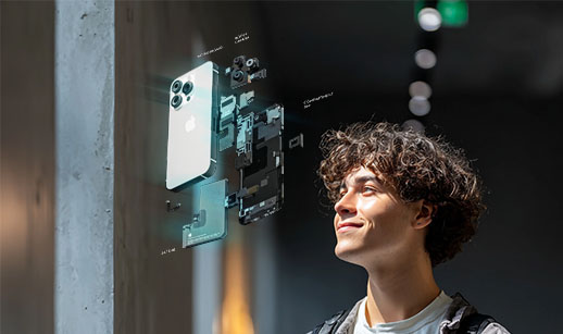 Jeune homme aux cheveux bouclés regardant un smartphone blanc avec ses composants internes en surimpression.