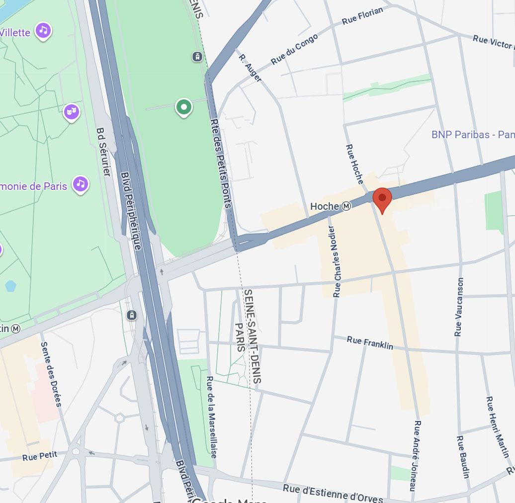 Carte de Paris montrant la station de métro Hoche, avec un marqueur rouge au croisement de la rue Hoche et de la rue Charles Nodier, près du boulevard périphérique et du parc La Villette.