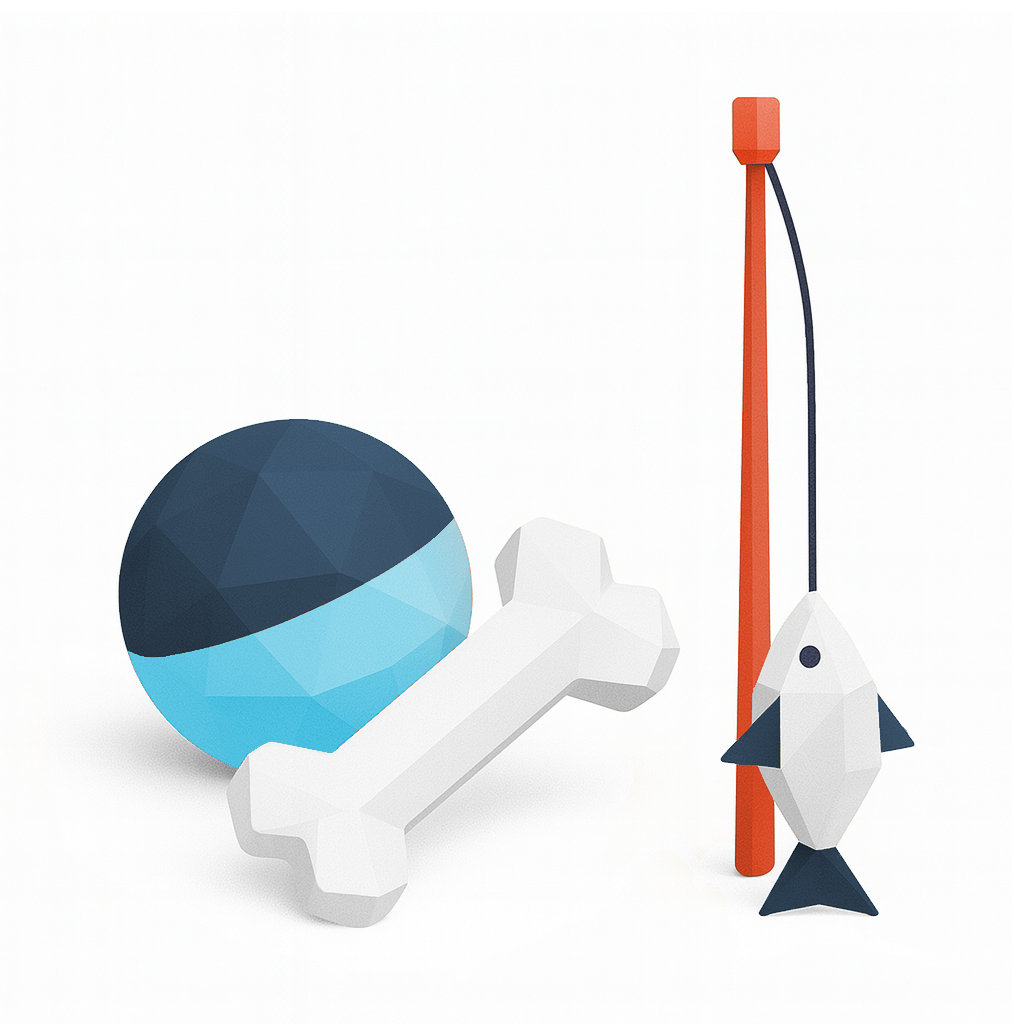 dog ball, dog bone and cat toy