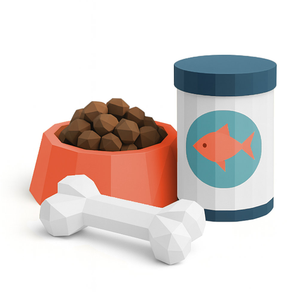 dog food, dog bone and cat food