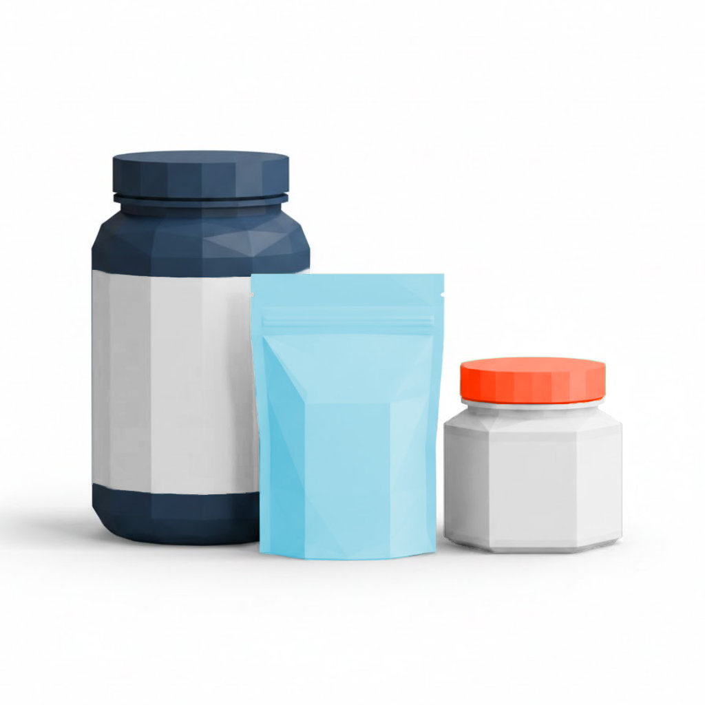 supplement jar, supplement pouch and vitamins tub