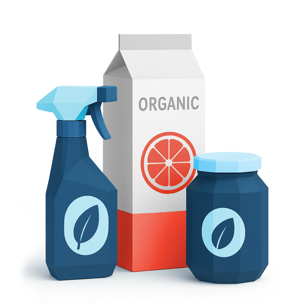 organic cleaning spray, organic juice and organic preserve
