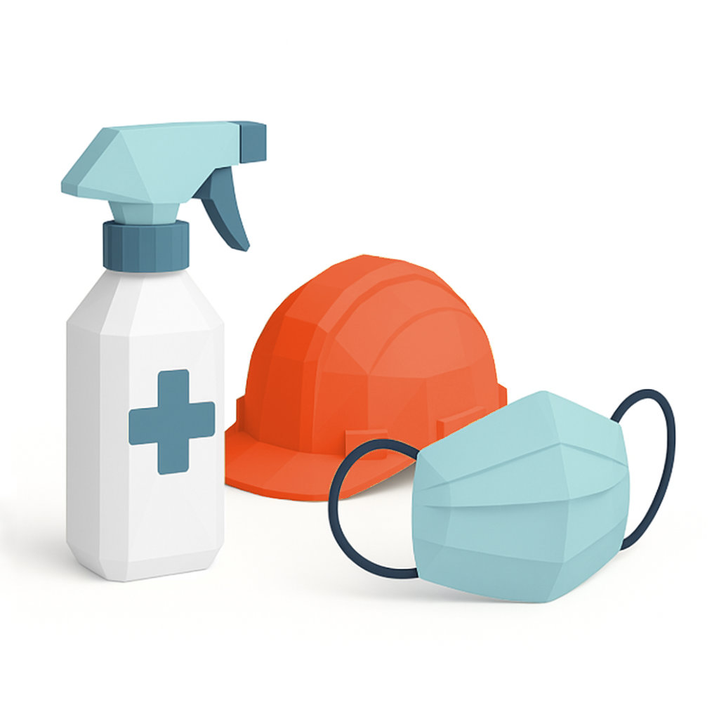 antibacterial spray, hard hat and face mask