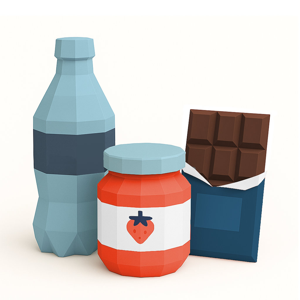 drinks bottle, jar of honey and chocolate bar