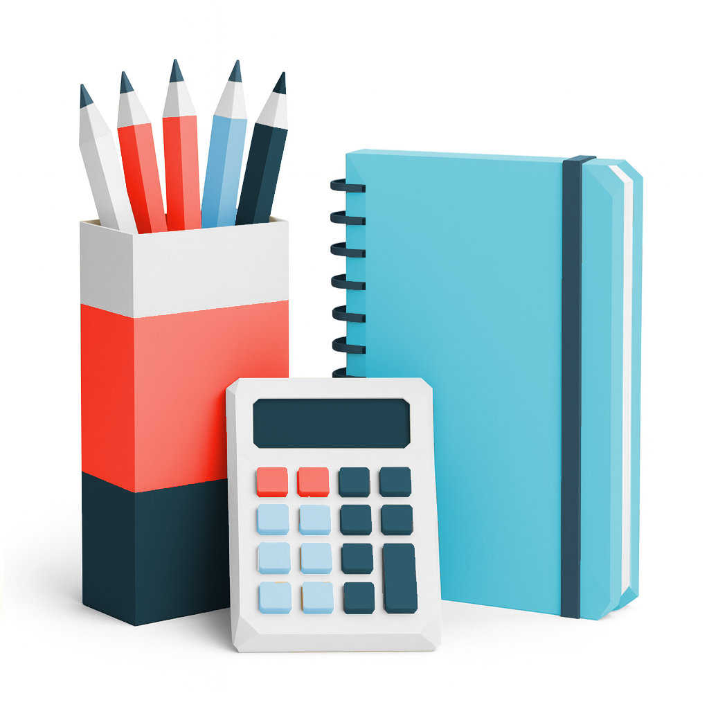 pencils, calculator and exercise book