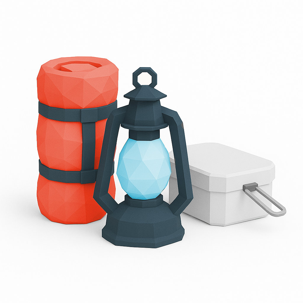 sleeping bag, lantern and mess tin