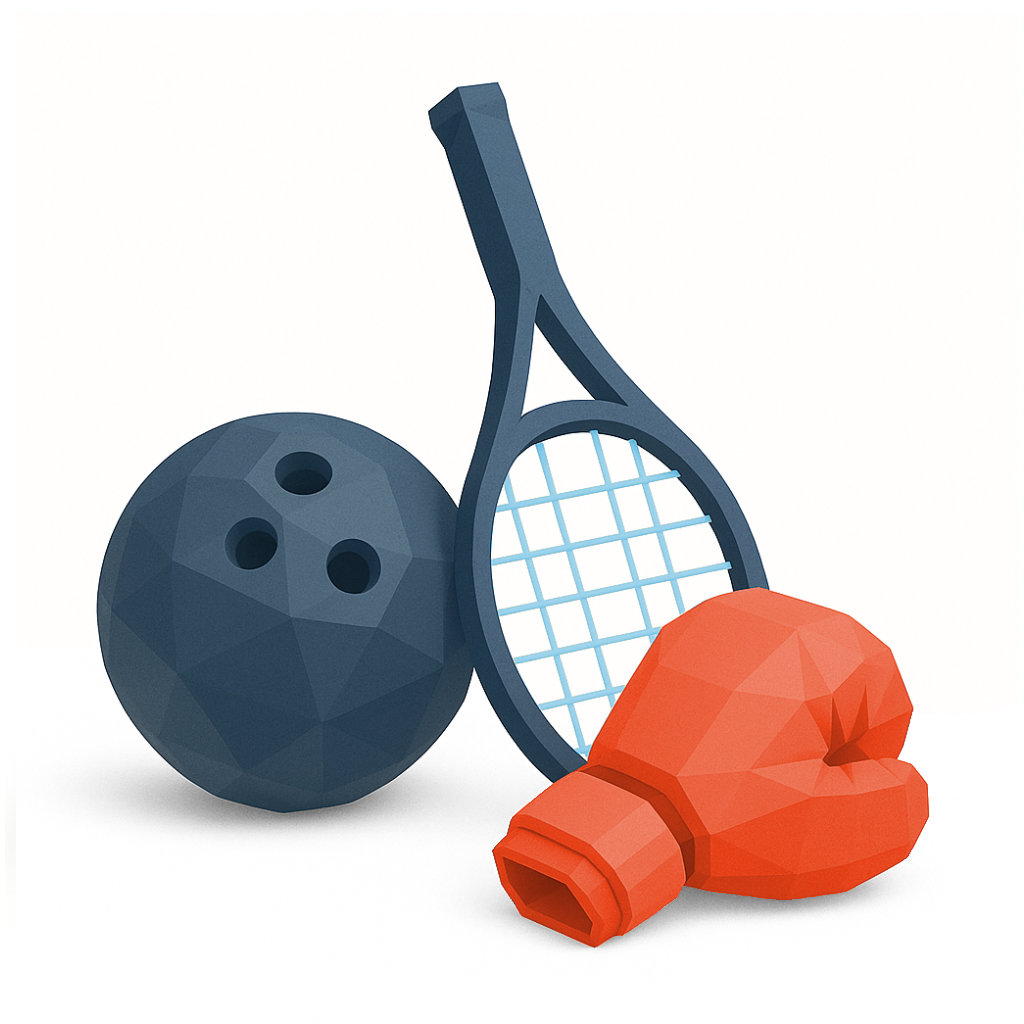 ten pin bowling ball, tennis racket and boxing glove