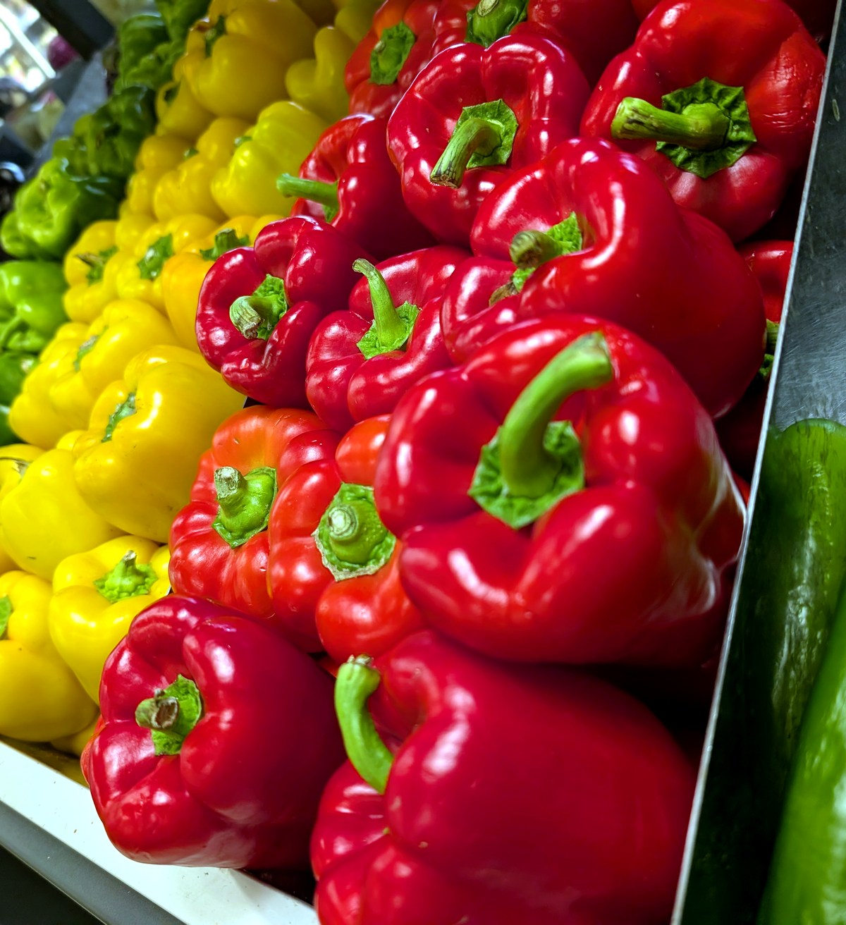 Équipe validant une tâche sur le terminal durci devant un rayon fruits et légumes plein