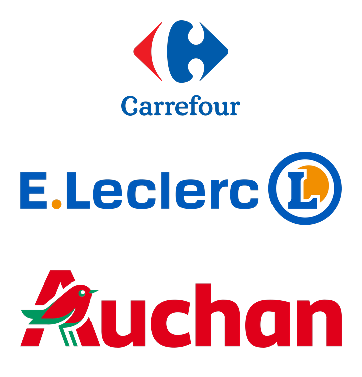 Logos Carrefour, E.Leclerc et Auchan