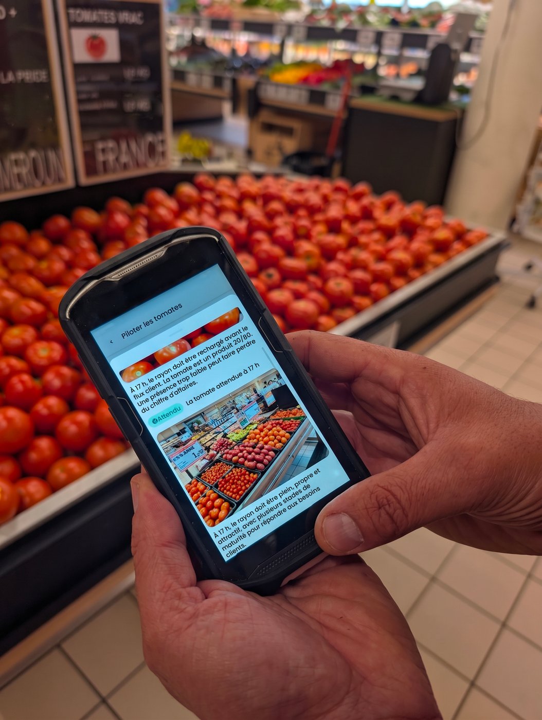 Écran Smarttasking sur terminal durci : tâche de gestion des tomates, standard attendu et photo de référence