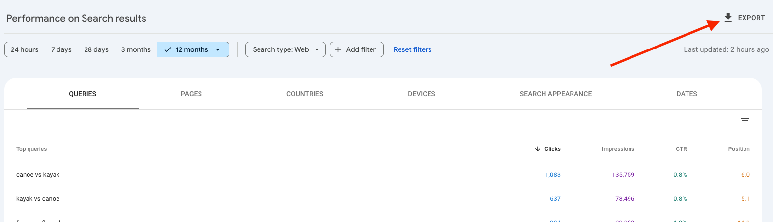 Export data directly from a Search Console report