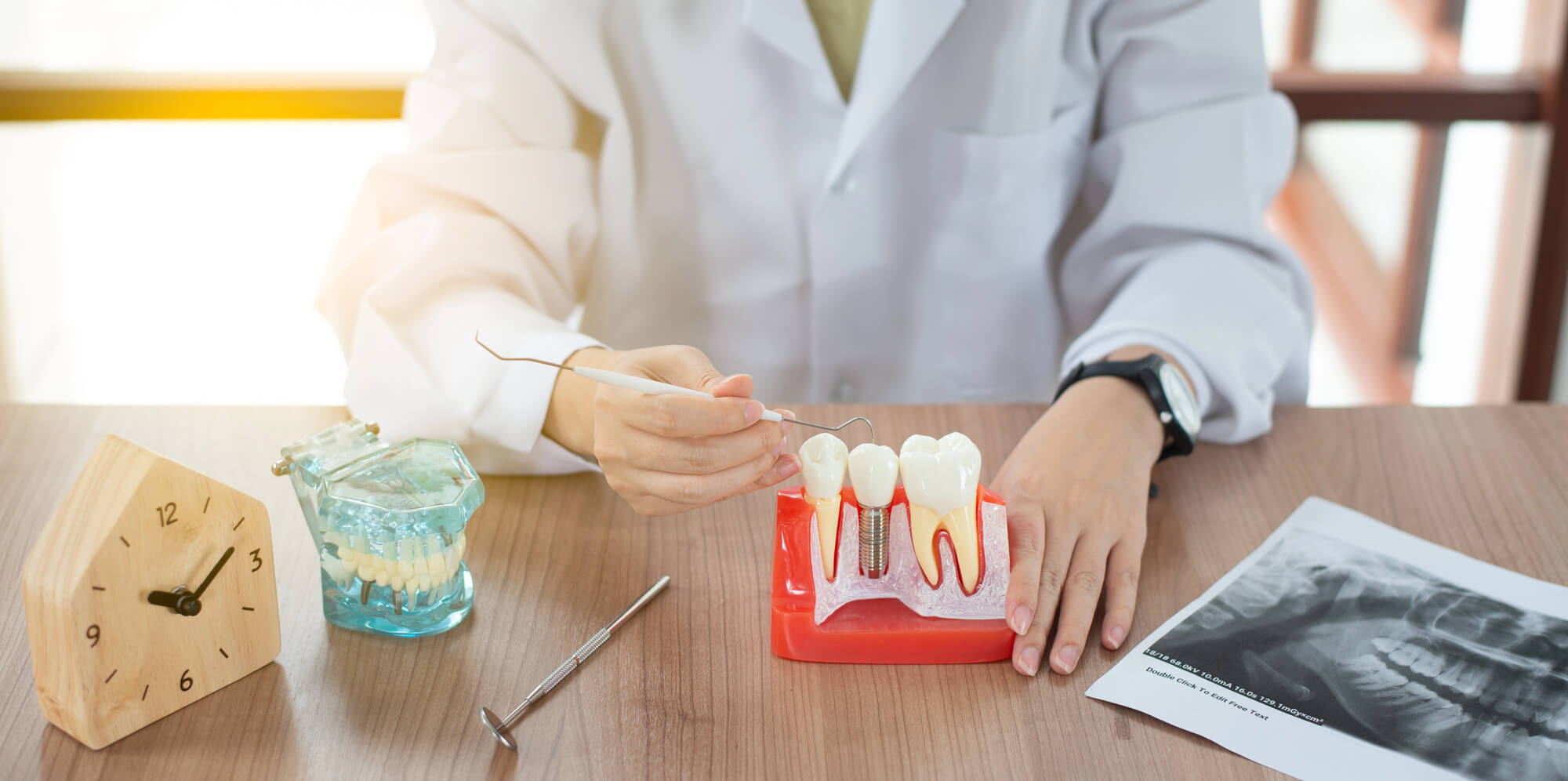 A dentist demonstrates a model of teeth, holding a dental instrument, with a clock and dental x-ray nearby on a table.