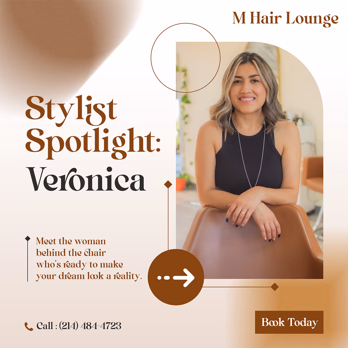 Smiling female stylist Veronica leaning on a salon chair at M Hair Lounge with booking info.