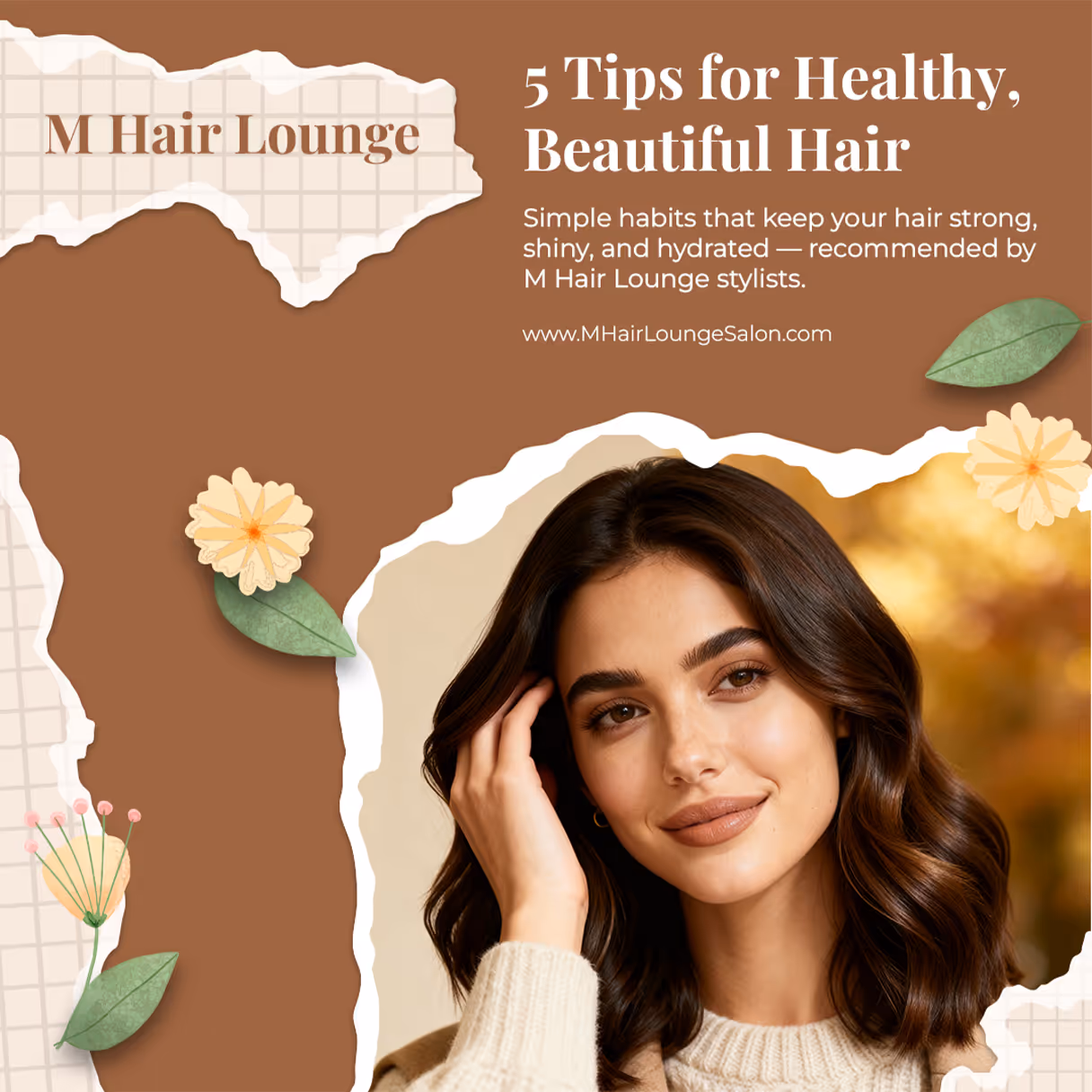 Smiling woman with shiny brown wavy hair touching it, with text about 5 tips for healthy hair.