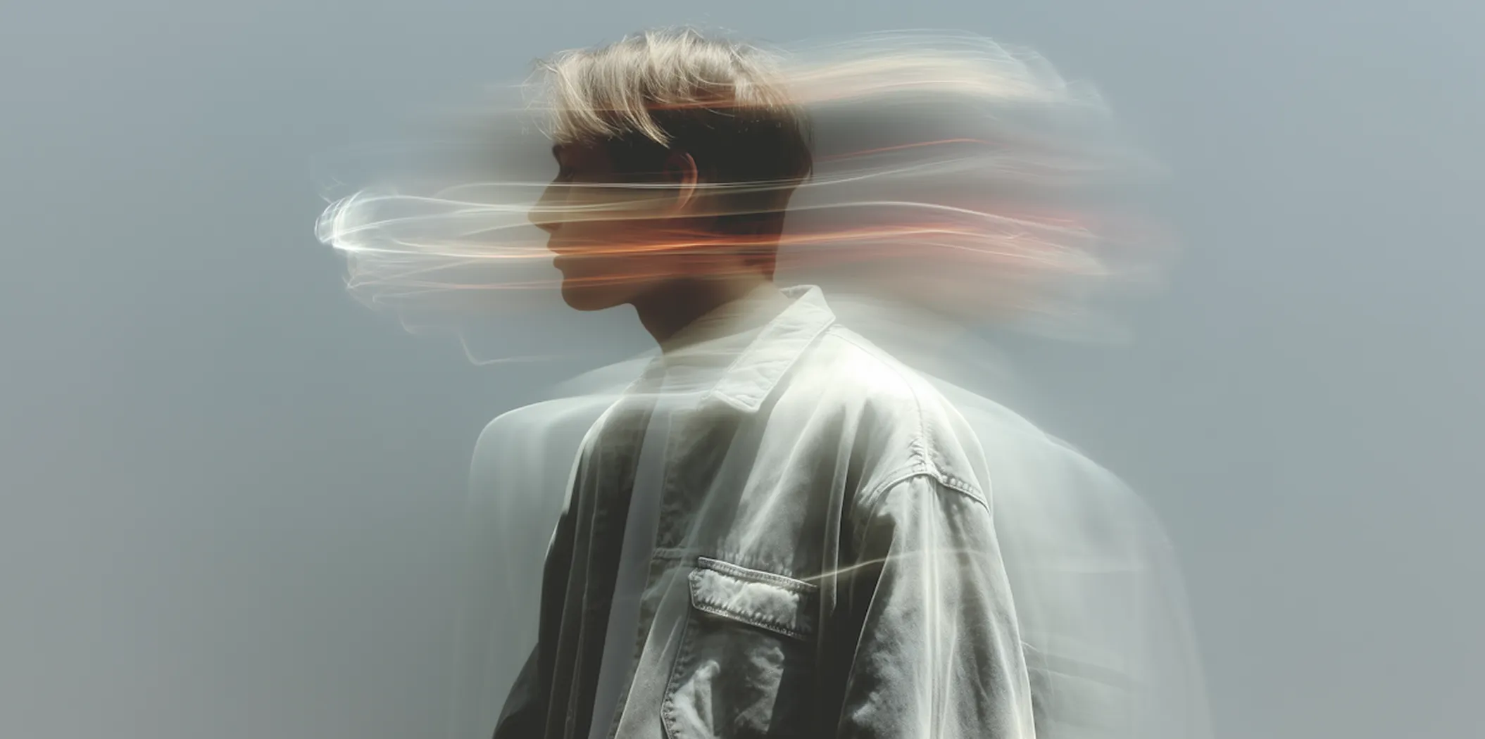 Profile of a person with short hair and a white jacket with motion blur creating a ghosting effect and light trails around the head.