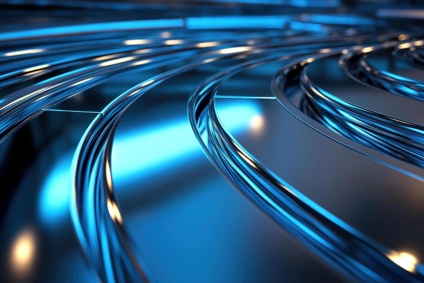 Close-up of shiny blue metallic curved lines forming concentric circular patterns on a smooth surface.
