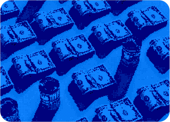 Pixel art style image showing a pattern of folded dollar bills and coins arranged diagonally on a blue background.