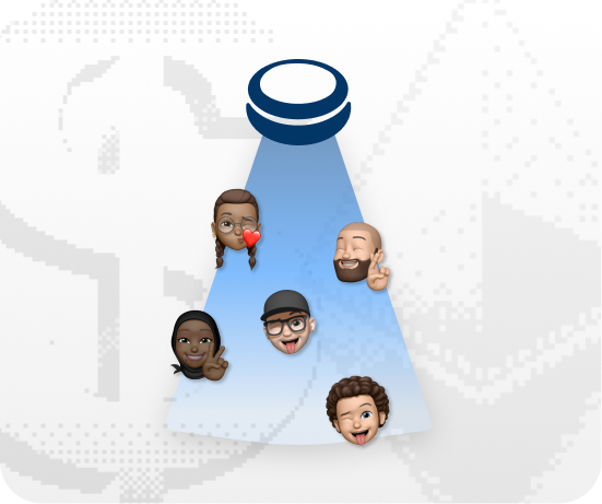 Five diverse cartoon-style faces with playful and friendly expressions illuminated by a blue spotlight.