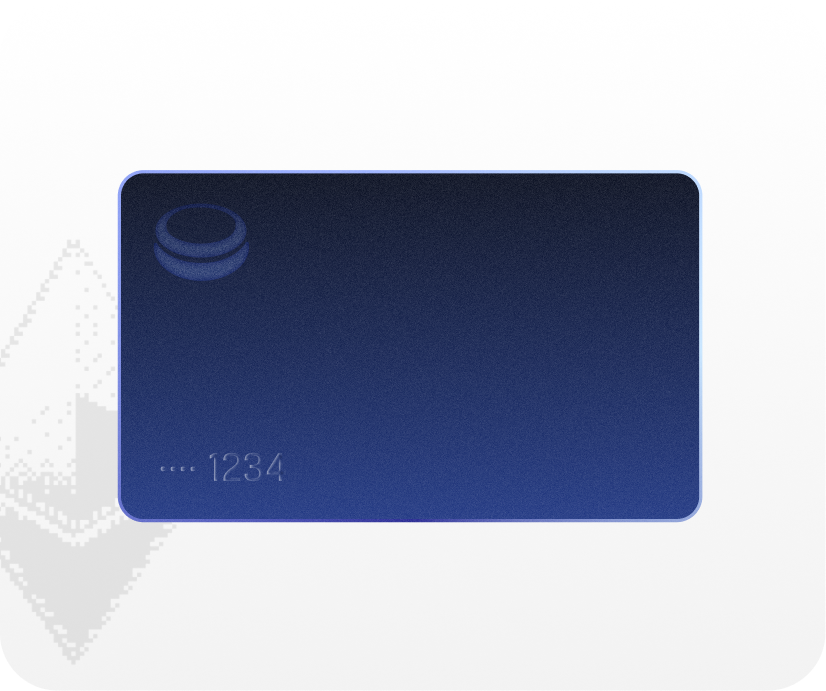 Blue digital cryptocurrency card with a round logo and the number 1234 displayed on the bottom left.