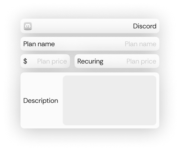 User interface form for creating a Discord plan with fields for plan name, price, recurring price, and description.