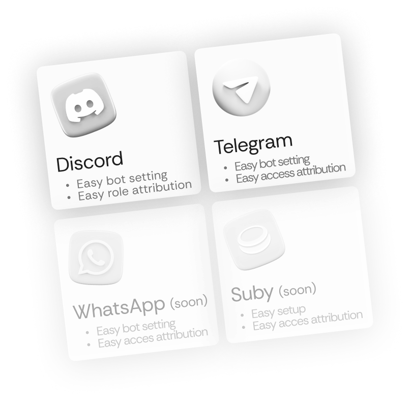 Four squares showing messaging platforms Discord, Telegram, WhatsApp (soon), and Suby (soon) with notes about easy bot setting and access attribution.