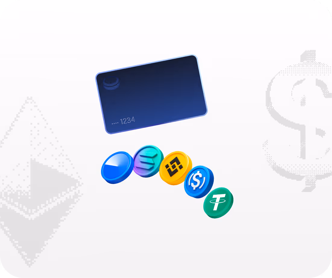 Digital card above icons of five cryptocurrencies: Polygon, Solana, Binance Coin, USD Coin, and Tether.