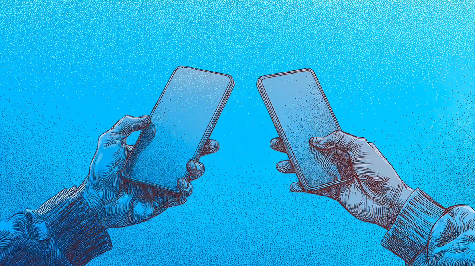 Illustration of two hands holding smartphones against a blue dotted background.
