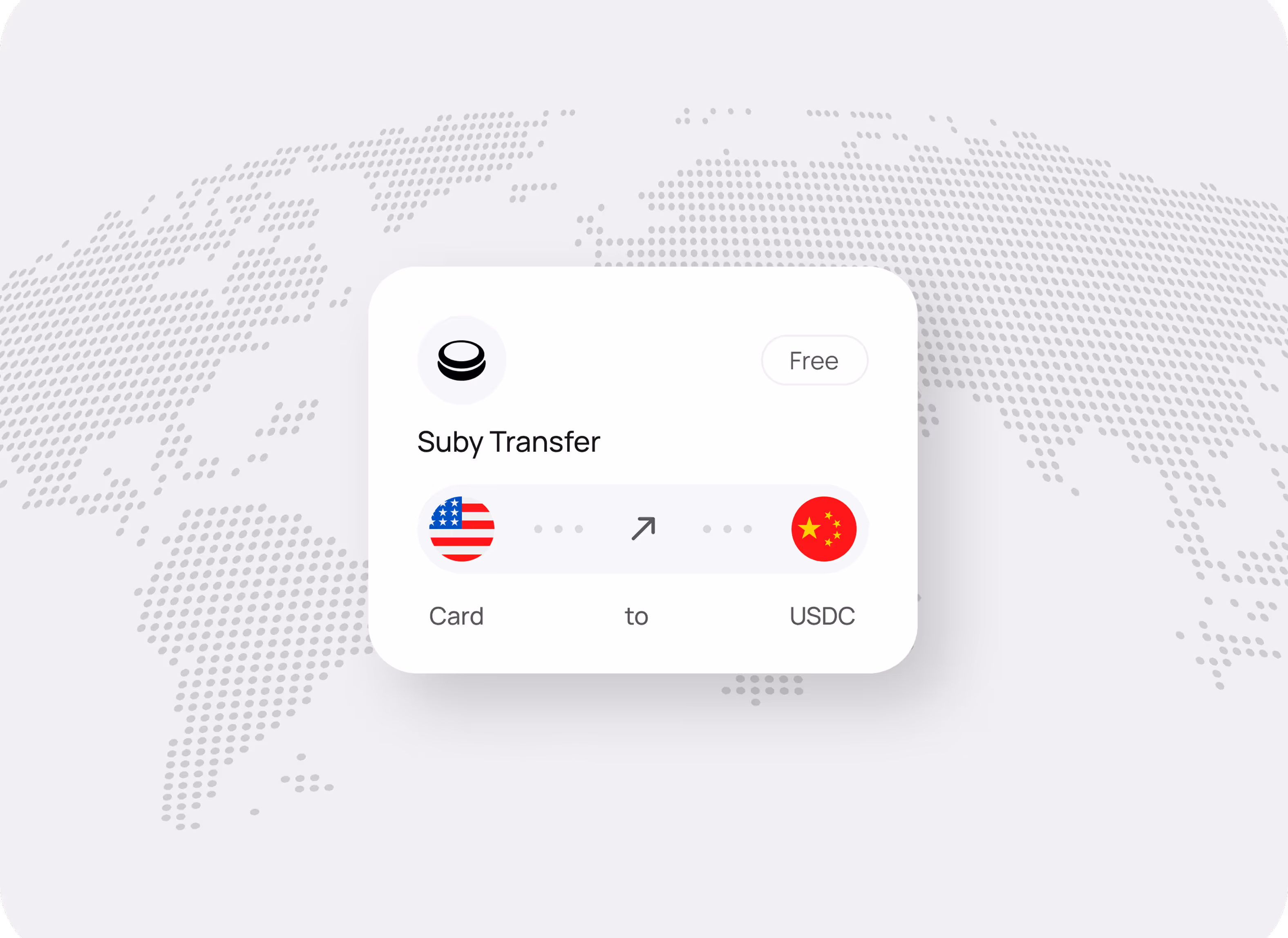 User interface for Suby Transfer showing free transfer from a US card to USDC with US and China flags on a dotted world map background.