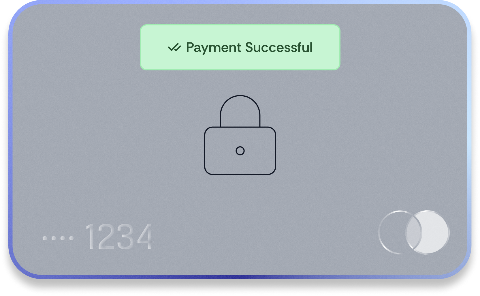 Gray card with rounded corners showing a padlock icon, partial card number ending in 1234, Mastercard logo, and a green notification reading 'Payment Successfull' with a checkmark.