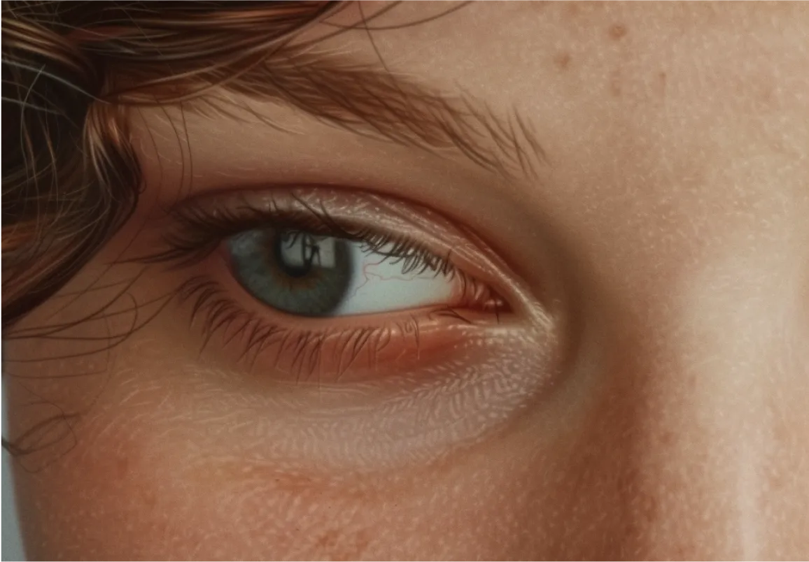 Close-up of a green eye with detailed skin texture and light reflection in the pupil.