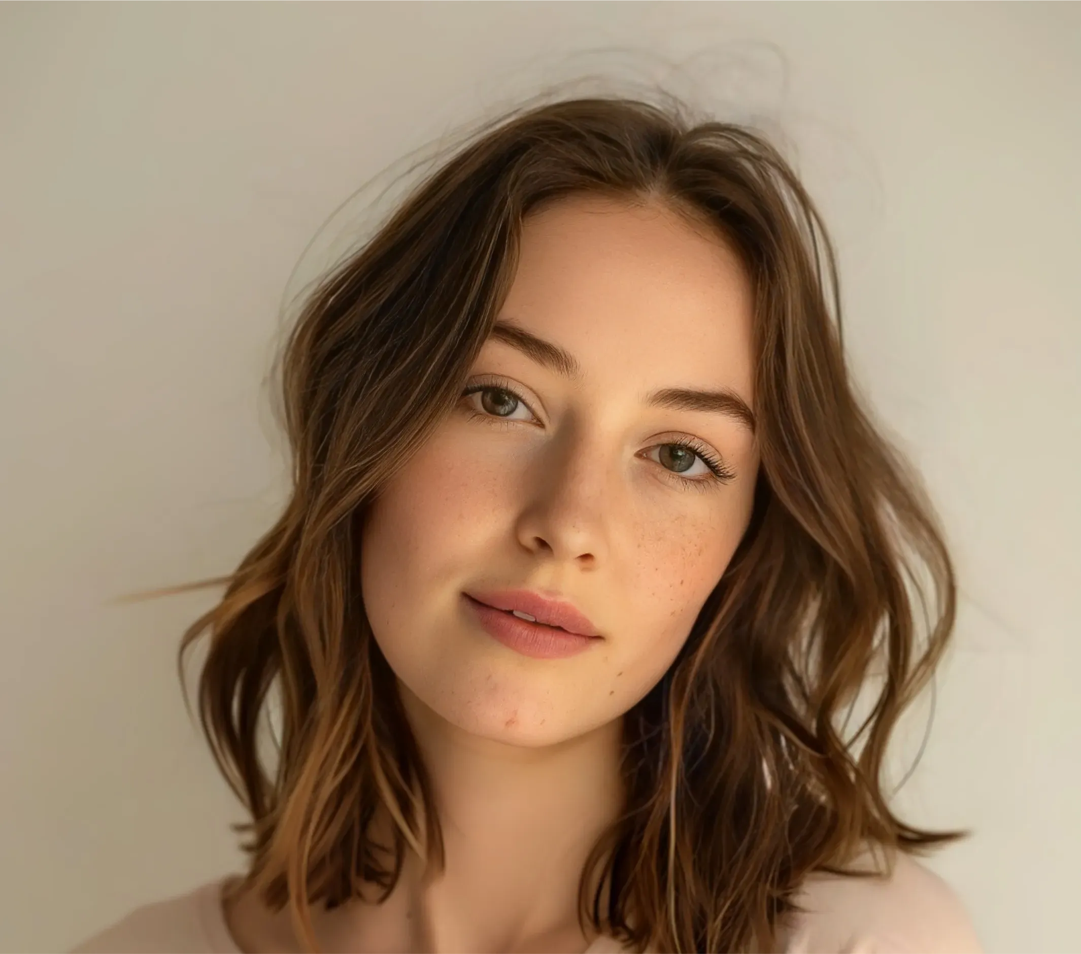 Close-up portrait of a young woman with shoulder-length wavy brown hair and light freckles, smiling softly against a plain light background.