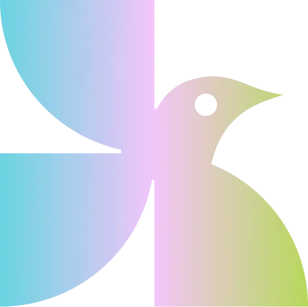 Abstract stylized bird with gradient shades of blue, pink, and green on a transparent background.